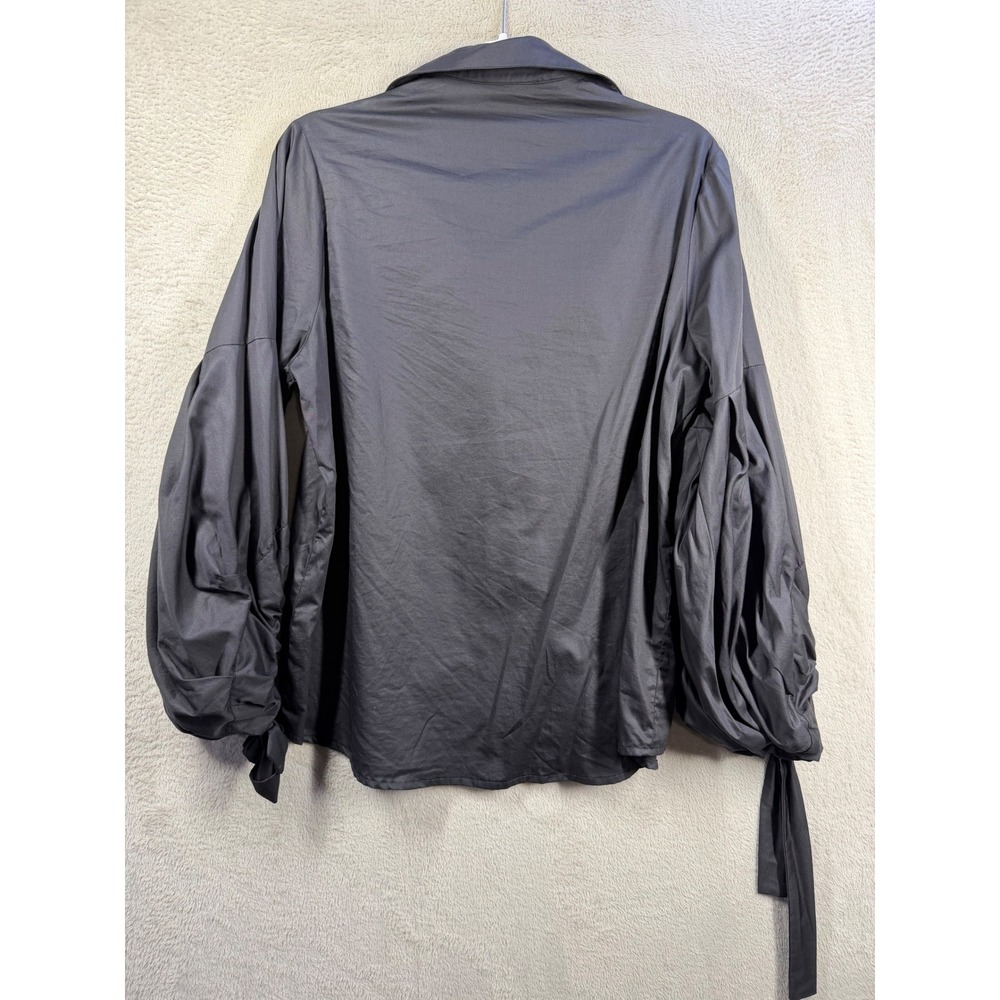 Harshman Button Down Shirt Womens L Black Puff Sleeve Tie Cuff Cotton Blouse - Picture 2 of 8